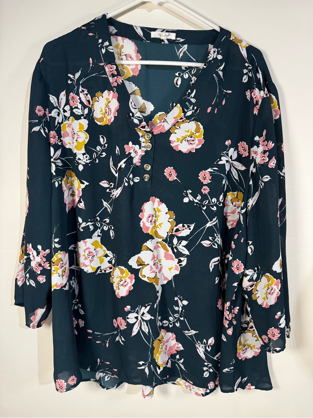 Maurices Floral V-Neck Henley Tunic with roll tab sleeve shirt